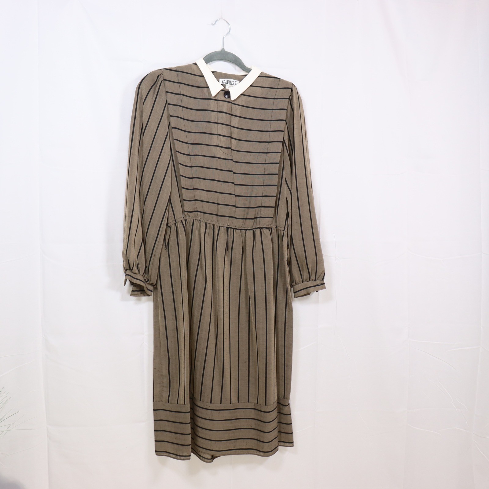 Taurus II Striped Long Sleeve Dress 10 Brown Womens Vintage Collared Midi