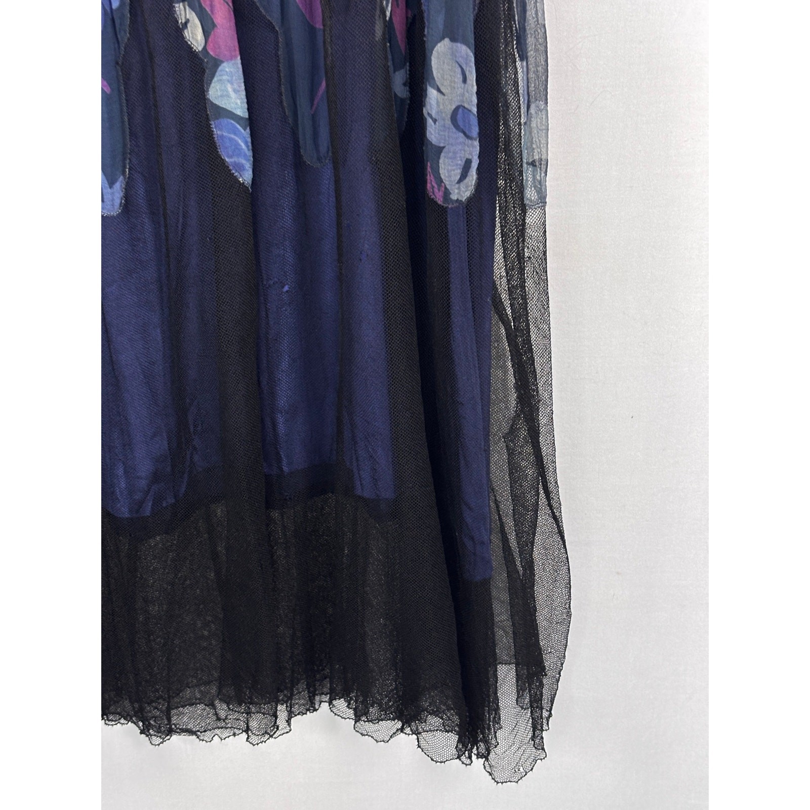 Antique 1920s Navy Floral Silk Dress Flapper Era Flutter Sleeve Drop Waist