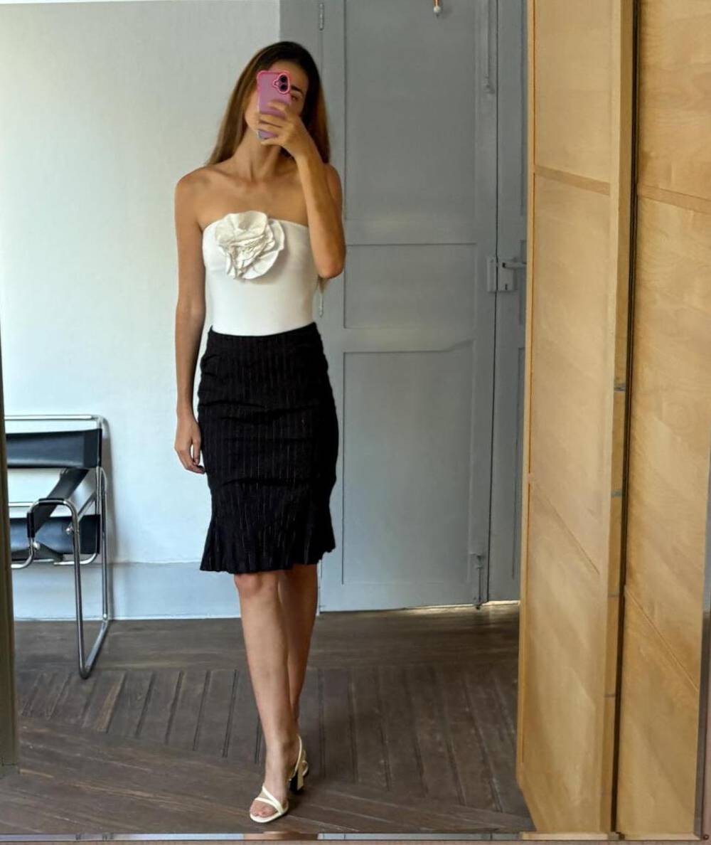 Luxury Josephine and co pencil skirt, Vintage Elegant formal black pinstripe ski