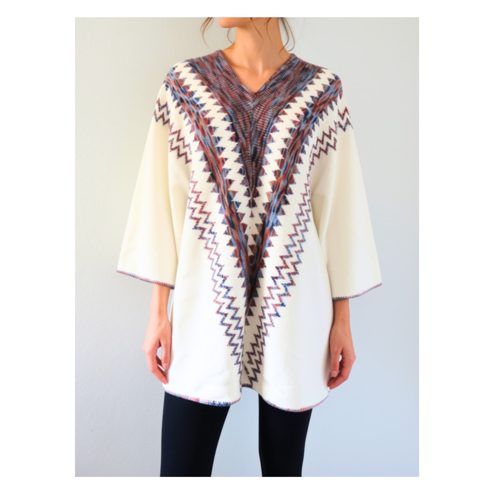Vintage 70s Boho Tunic Sweater – Women’s Cream Southwestern Knit Pullover