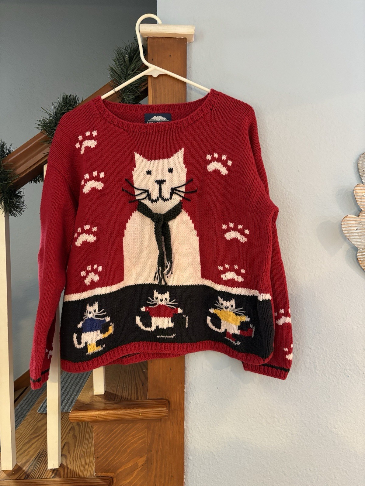 Vintage Rey Wear 100% Cotton Hand-Knit Sweater Cat Christmas Holiday winter XL