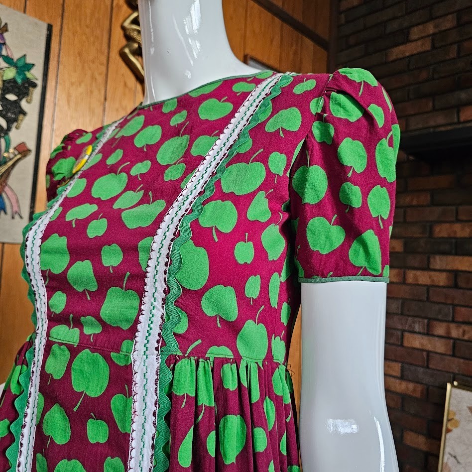 Vtg 70s Miss Centennial Belle Kansas Parade Novelty Apple Print Maxi Dress XS/S