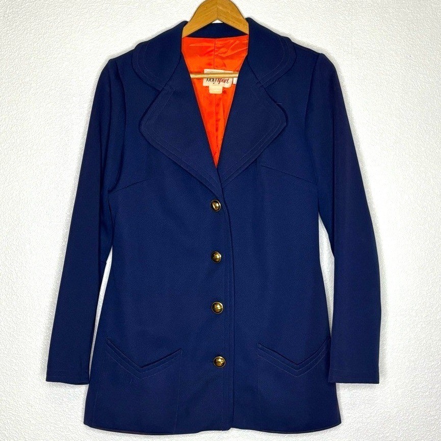 VTG Vicky Vaughn 60s 70s Sport Navy Blue Blazer Jacket Orange Gold Lining 15