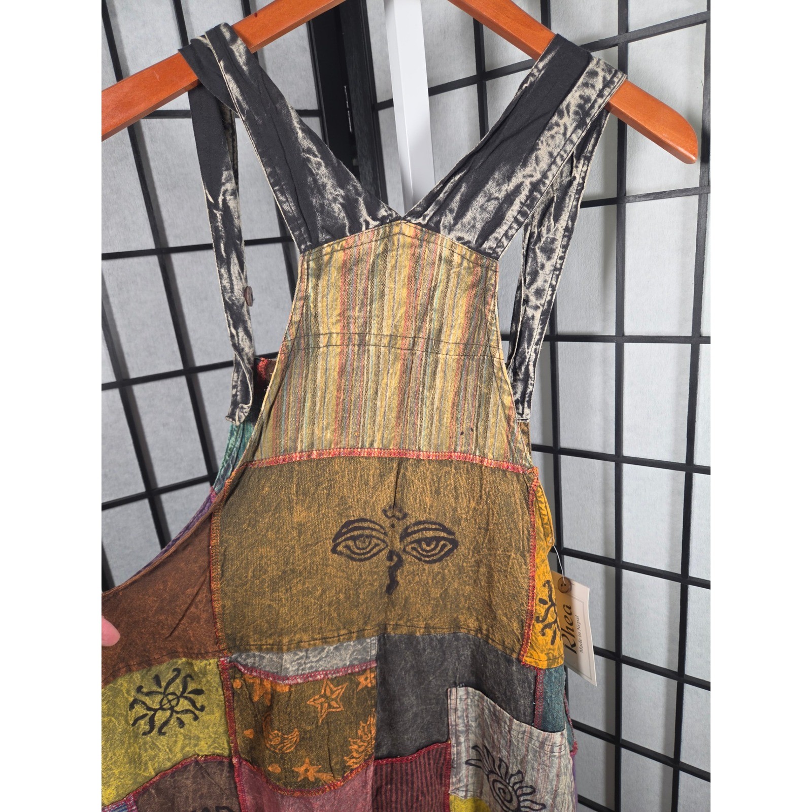 Patchwork Overalls Multi Color Block Print Hippie Festival Bib Jumpsuit LARGE