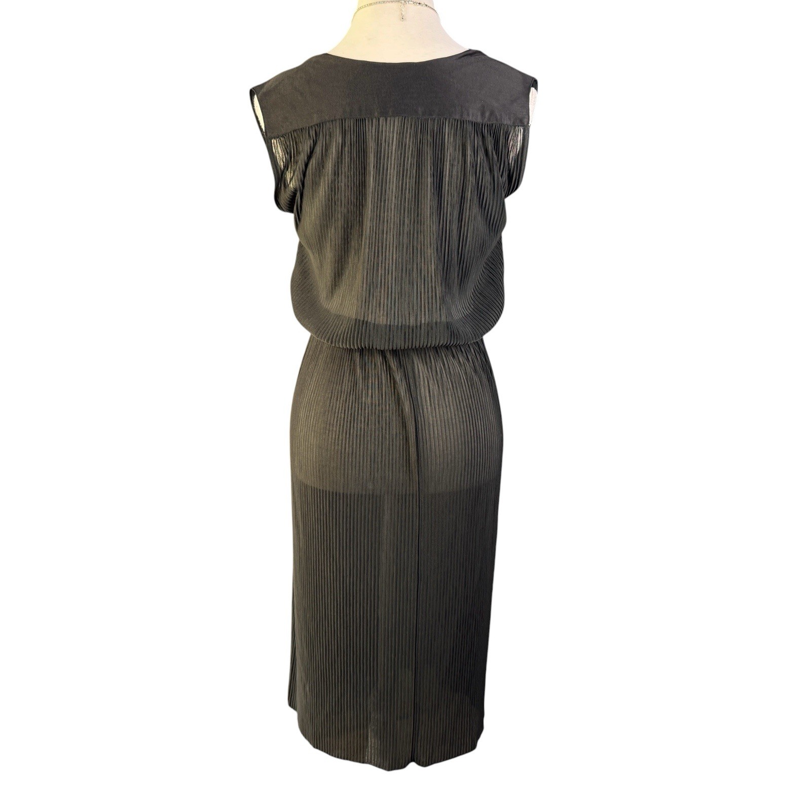 Vtg Stitches Black Stretch Pleated Surplice Midi Dress S12 Tie Waist Sheer