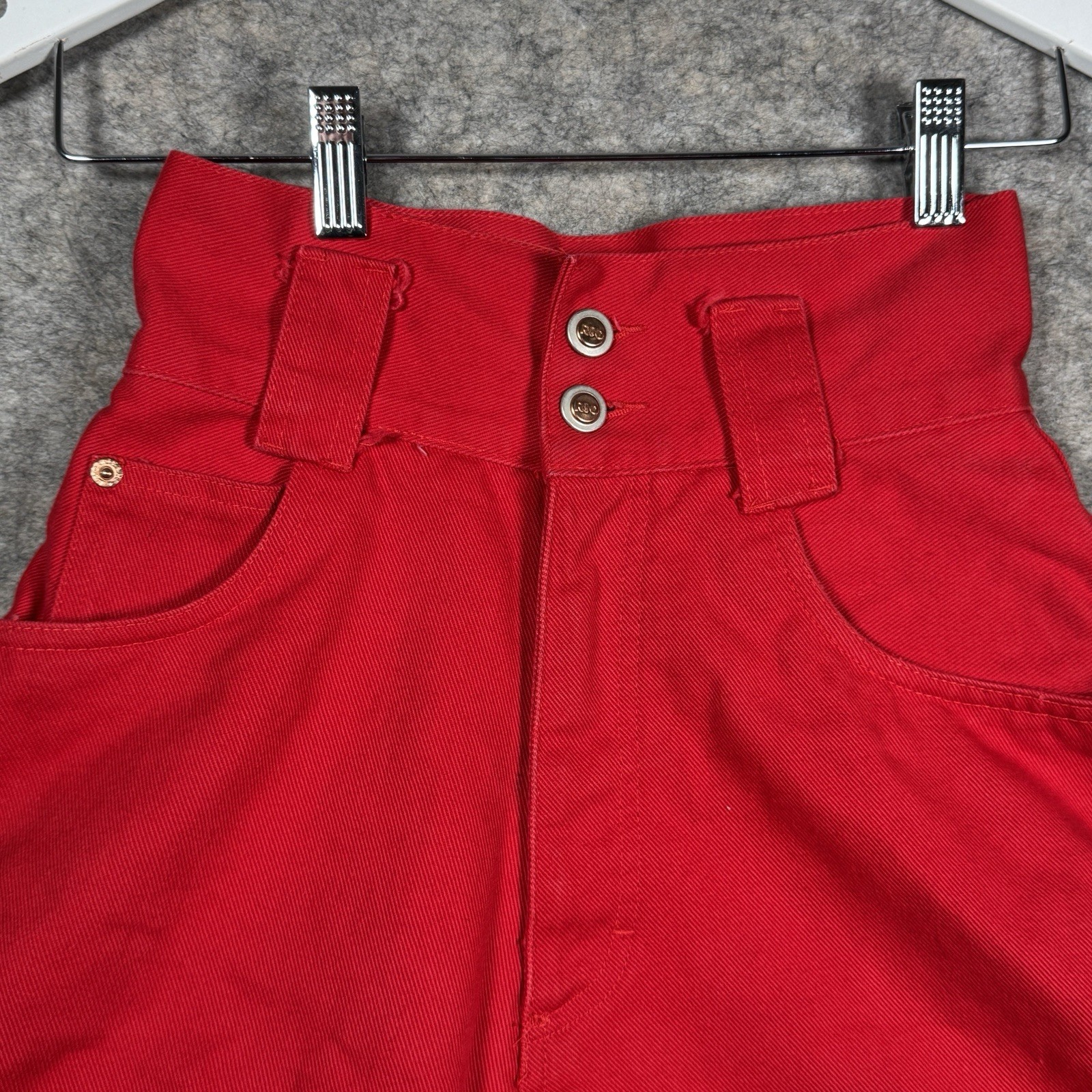 Vintage 90s Womans Rio High Waisted / Rise Red Denim Jean Shorts Size 5 24×3