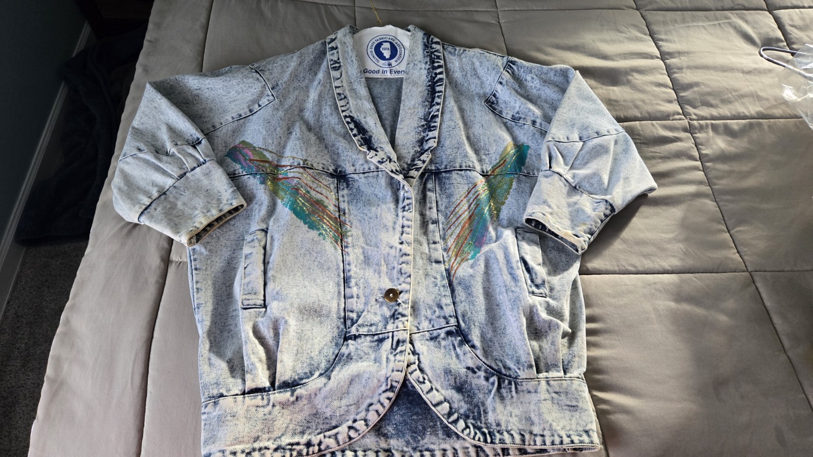 Vtg Copacabana Acid Wash Denim Jacket Hand Painted Fringe Western 90s Unisex L
