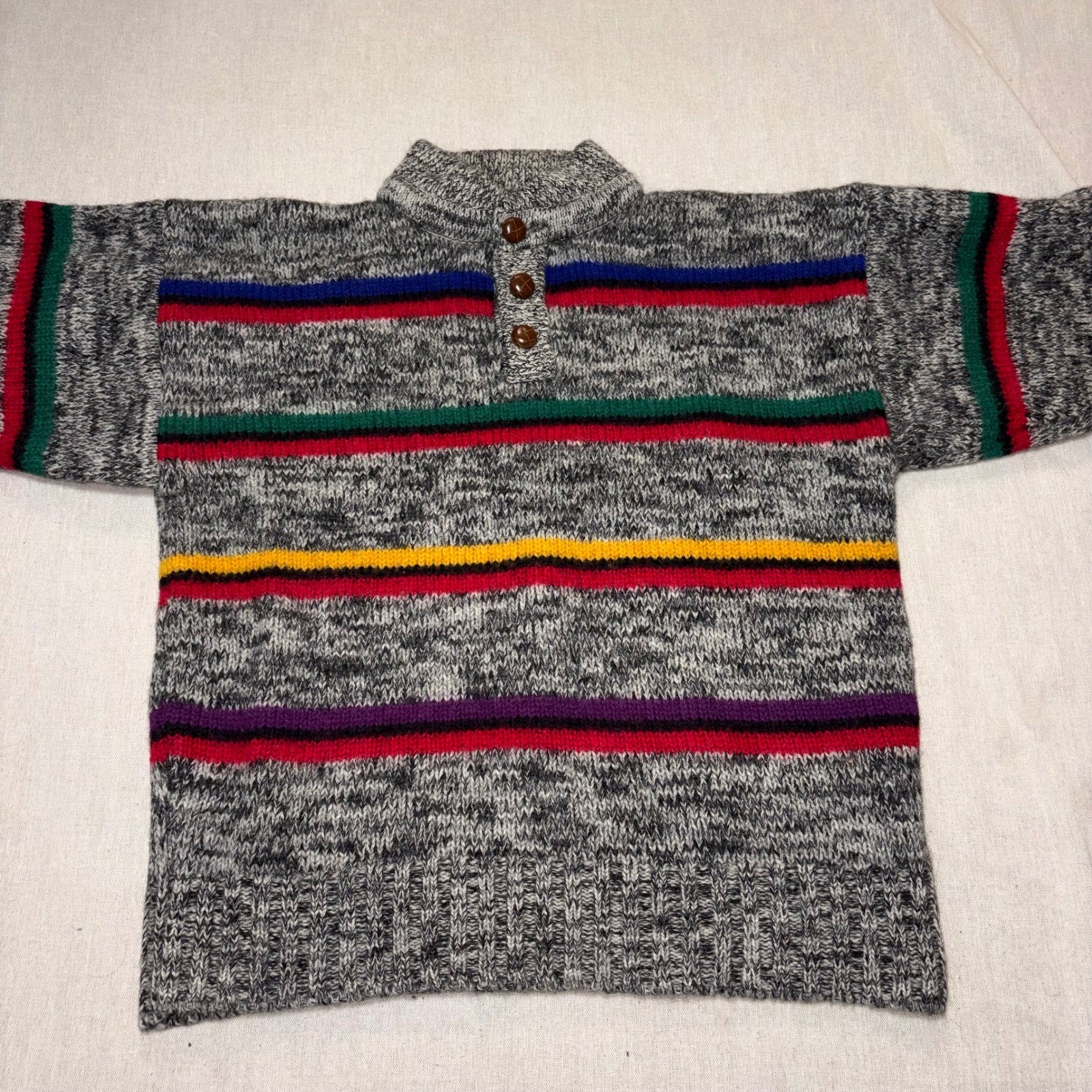 Boston Traders Vintage 100% Wool Striped Henley Sweater Womens Large Gray Multi