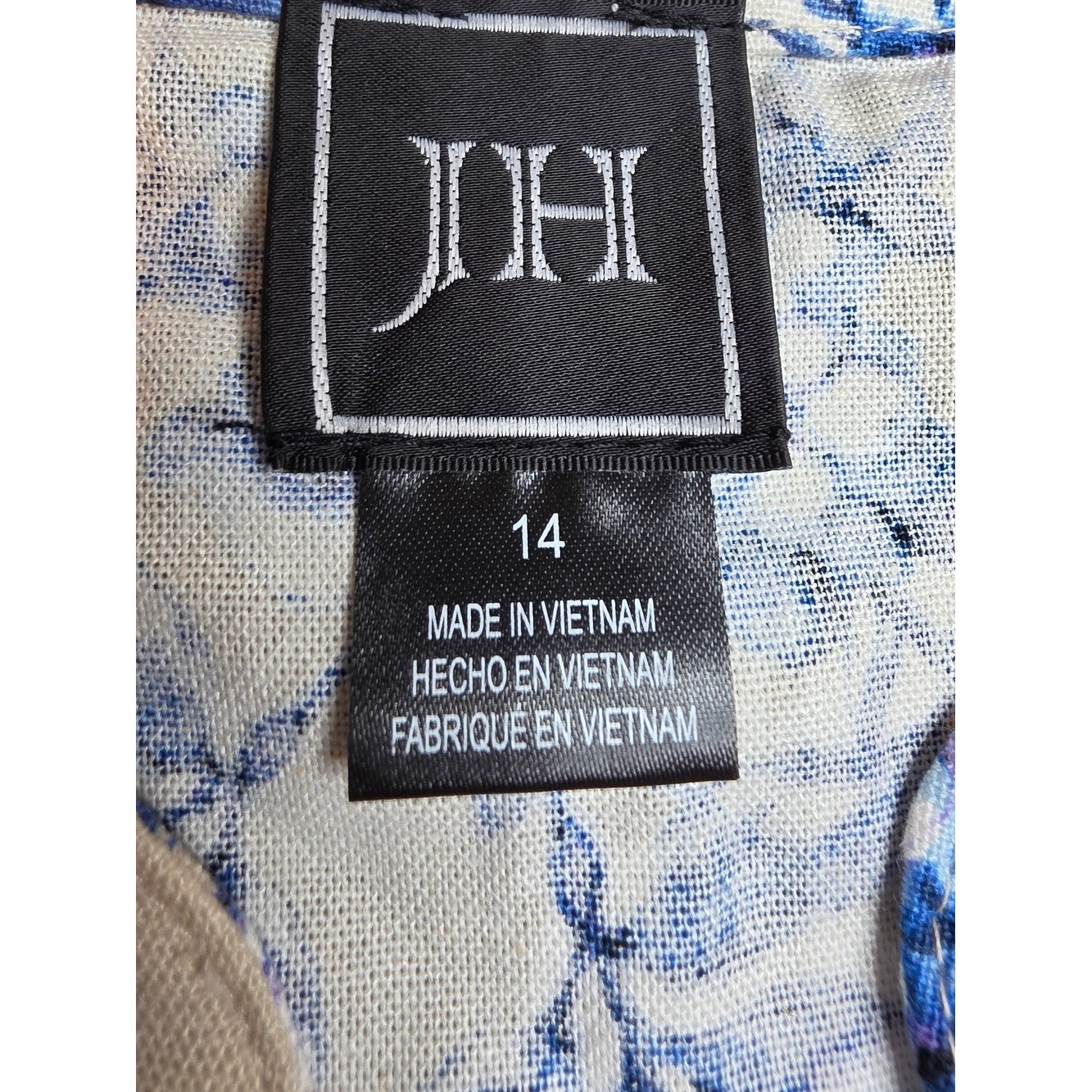 JH Women’s Dress Size 14 Tan Blue Floral Print Rayon Linen V-Neck Sleeveless