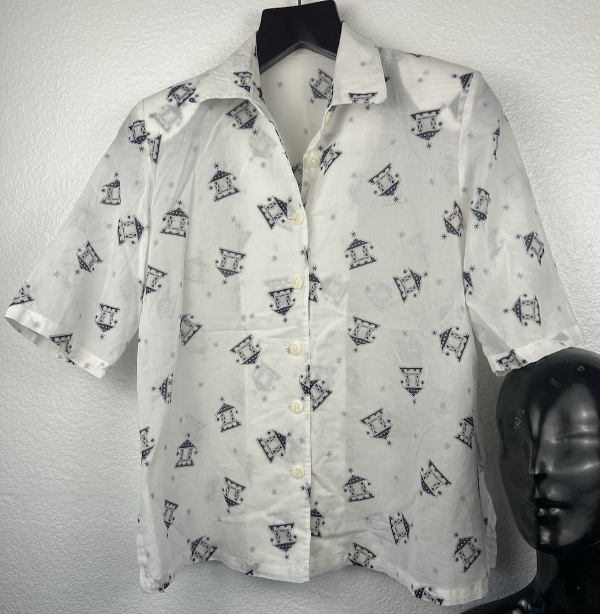 Vintage Women’s M Cotton Voile Blouse White Blue Silver Pagoda Temple Buttons