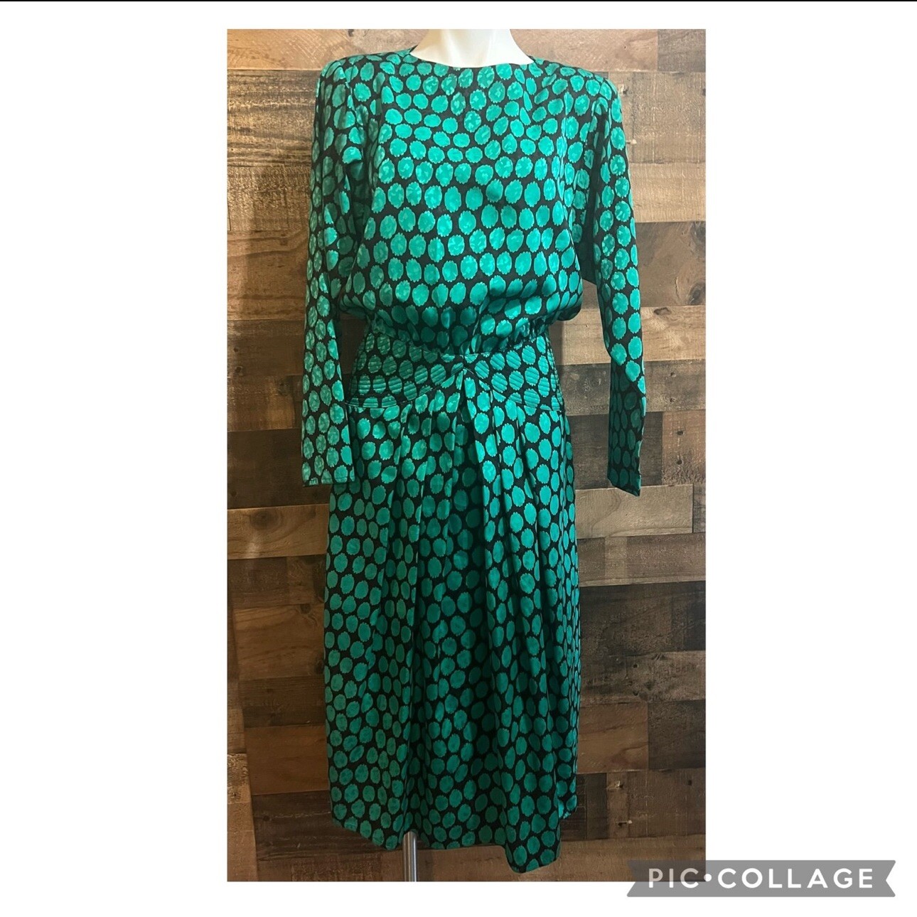 Vintage Polka Dot Green Black Midi Blouson Dress Business Party Retro Size 8
