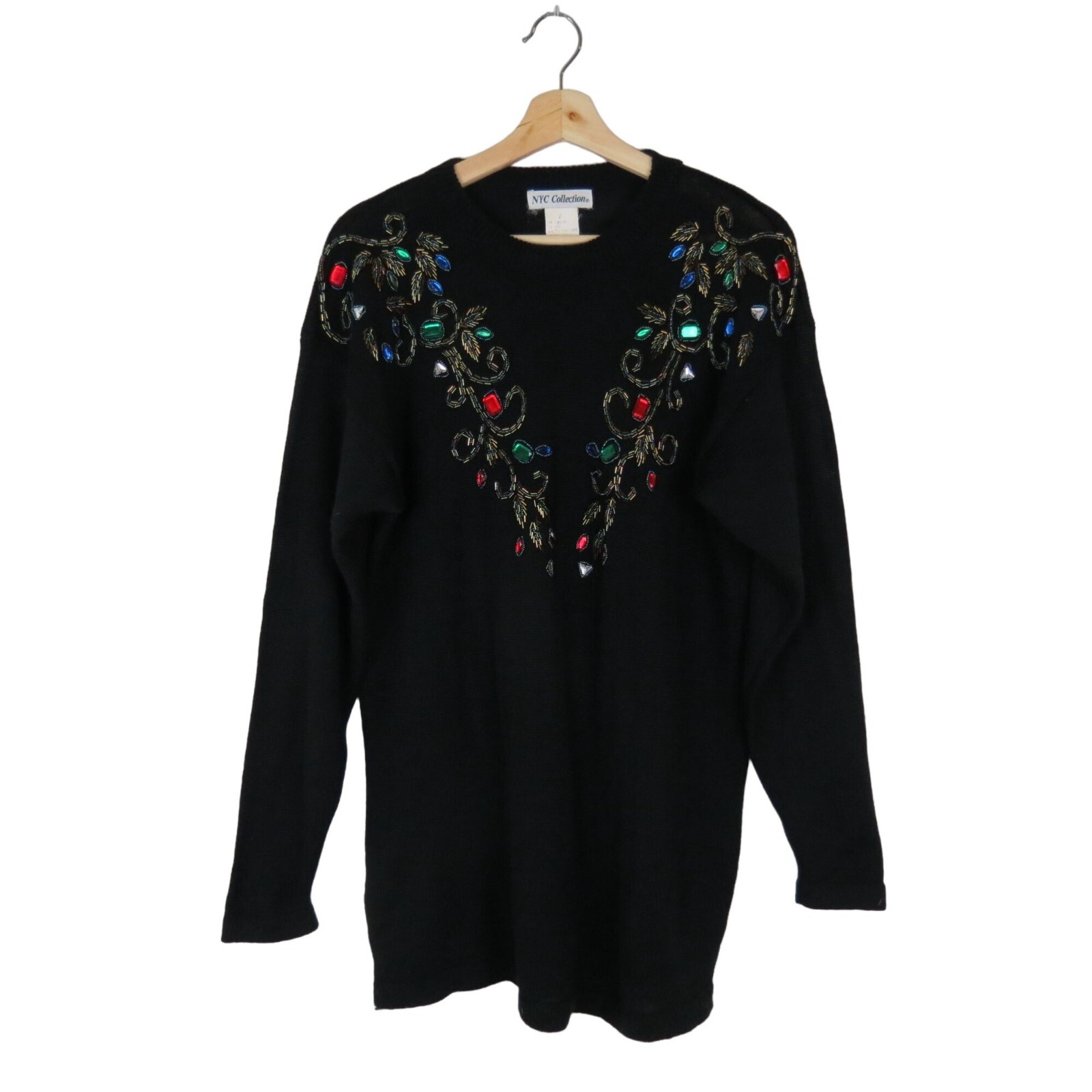 VINTAGE 80s 90s Womens Black Beaded Jeweled Pullover Tunic Sweater L Embellished