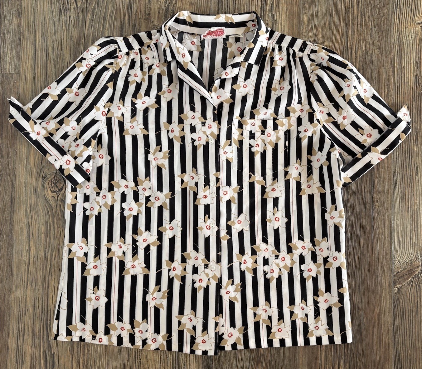 Vtg Silkhana By Lady Manhattan Blouse Womens 36 Blk Wht Stripe Floral Rockabilly