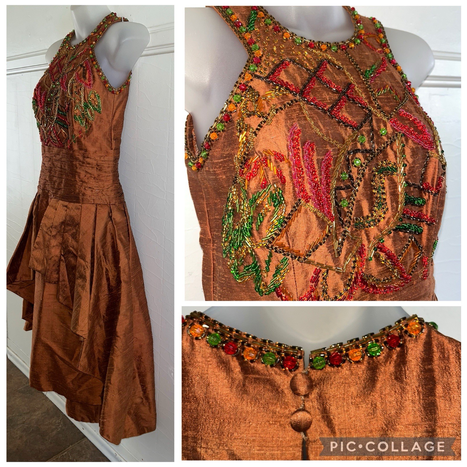 Stunning OOAK 1950s Raw Silk Hand Beaded Copper Bubble Evening Dress Tiered-Sz S