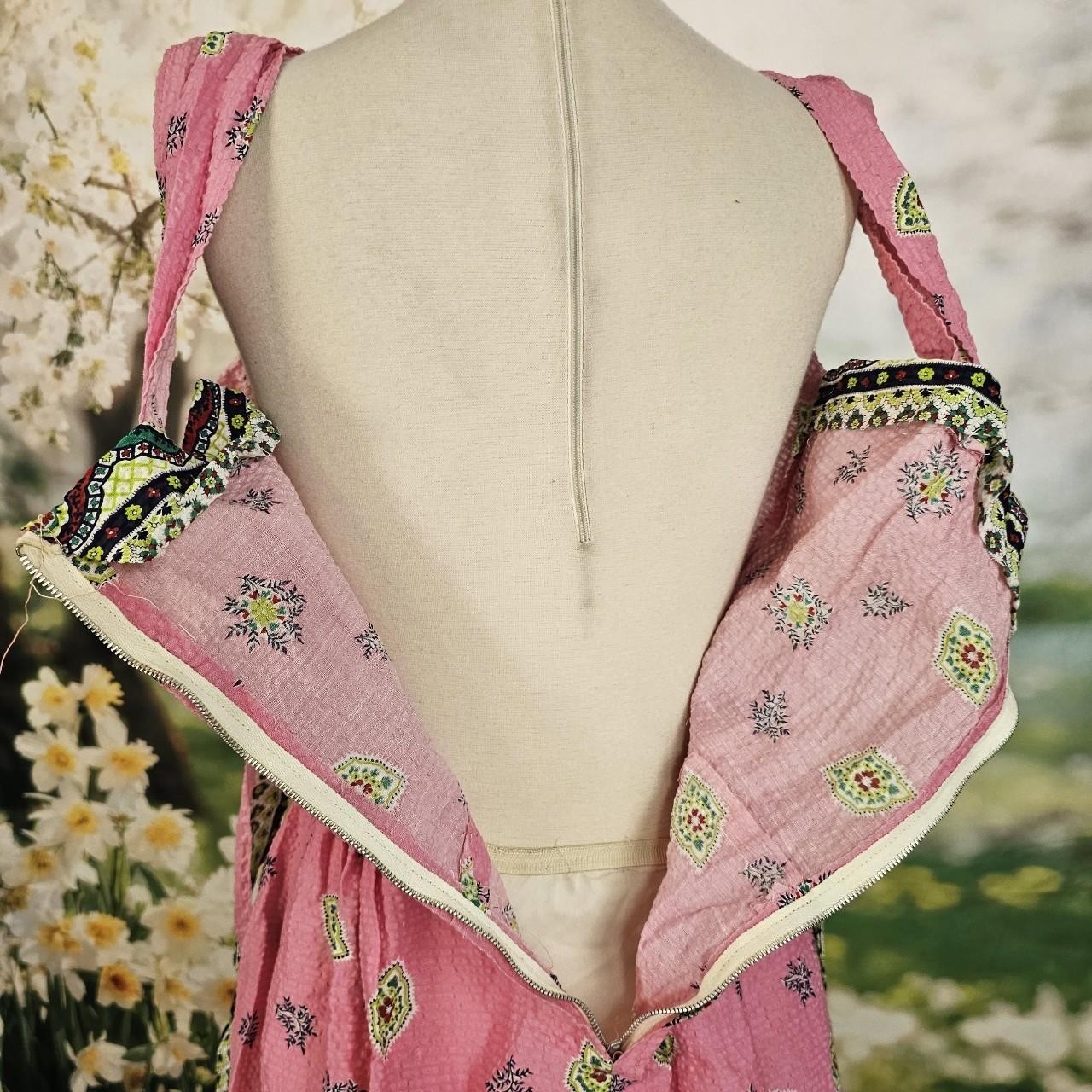 Vintage 1950s Searsucker Bright Pink & Green Floral Dress Lace Trim Sleeveless