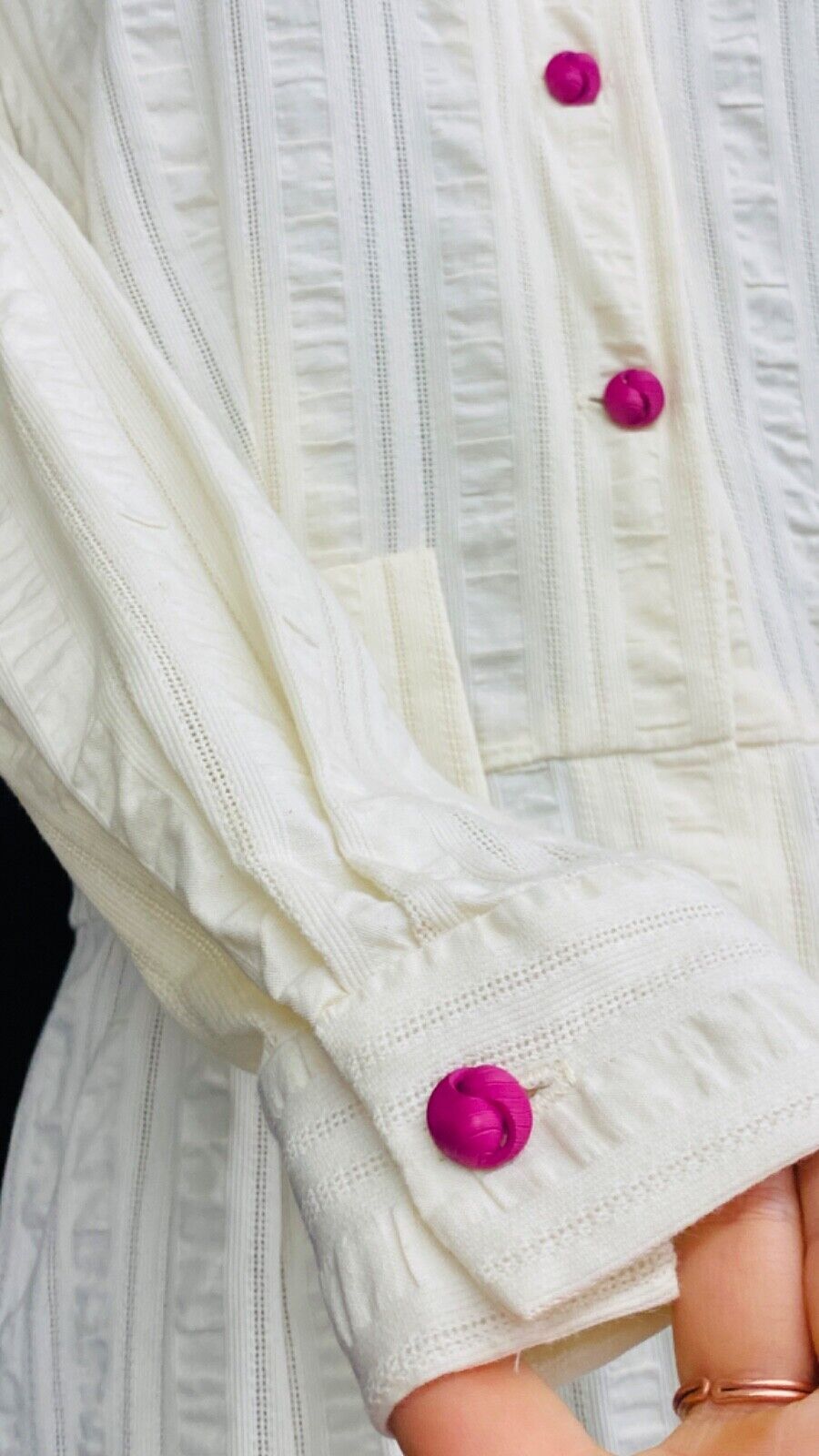 Vintage 1950s white embroidered dress long sleeve pink floral cotton pin-up M L