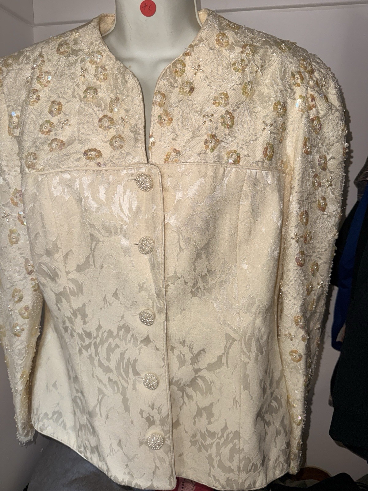 Vintage 1980s Karen Lawrence Ivory Brocade Beaded Sequin Blazer & Skirt Set XL