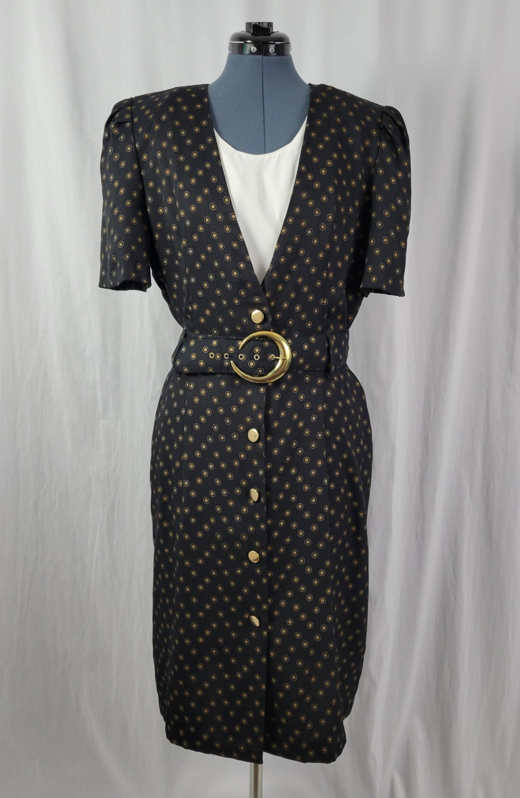 Vtg Whirlaway Frocks Black Sheath Dress w Gold Pattern, Belt & Dickey Size 14