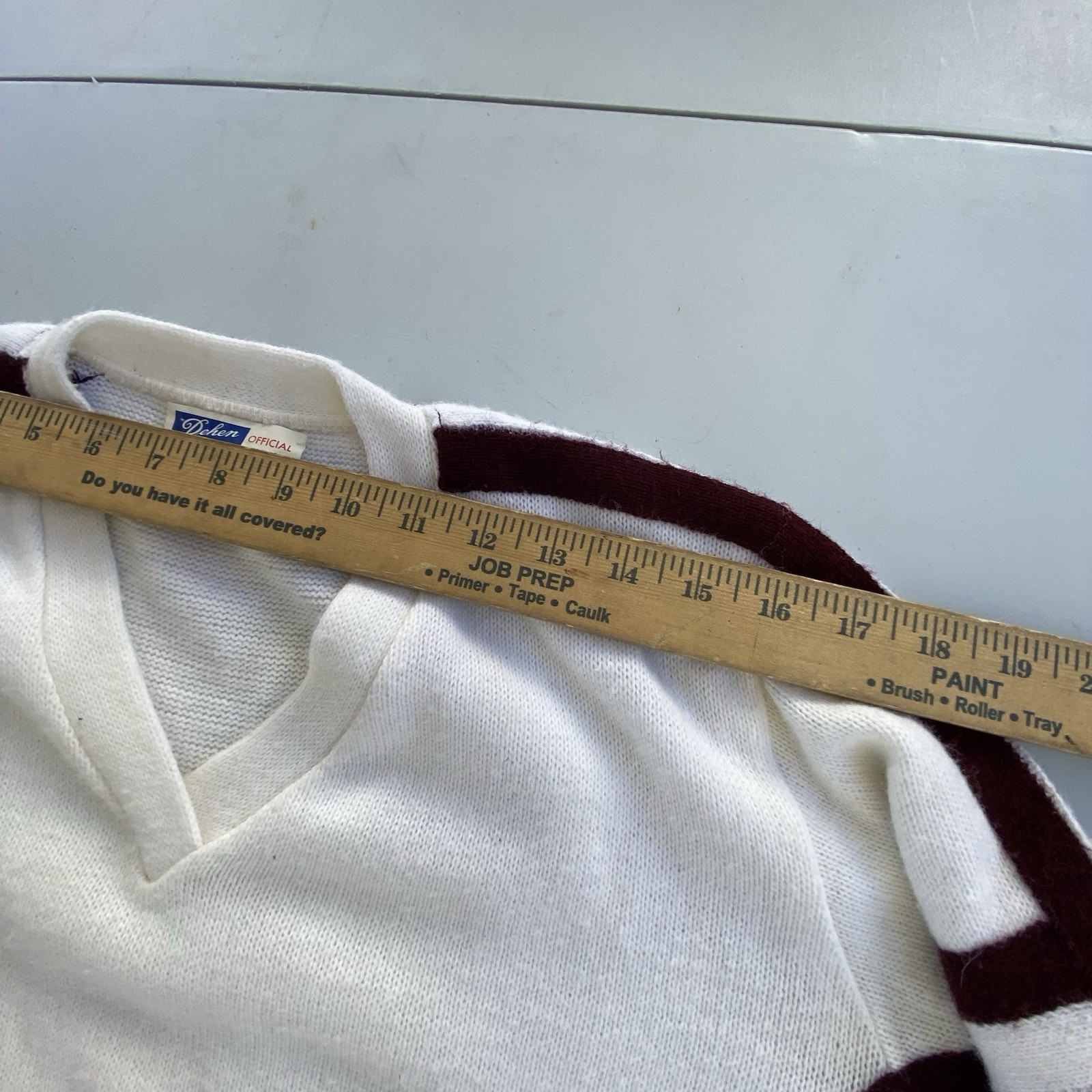 Vintage Ivory Cheer Sweater V-Neck Varsity Brown Stripe Acrylic USA Made Sz M