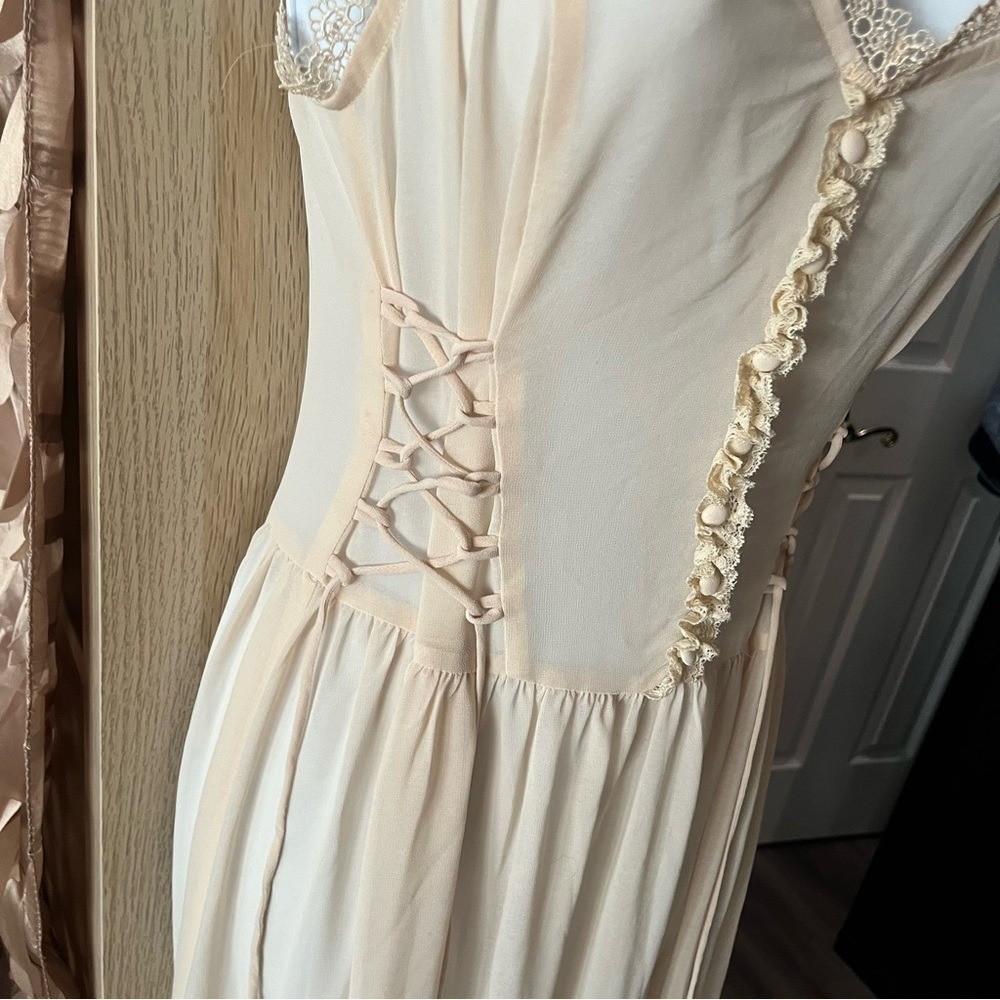 Y2K Vintage Victorian Dolls Kill Cream and Gold Pleated Maxi Dress for Weddings