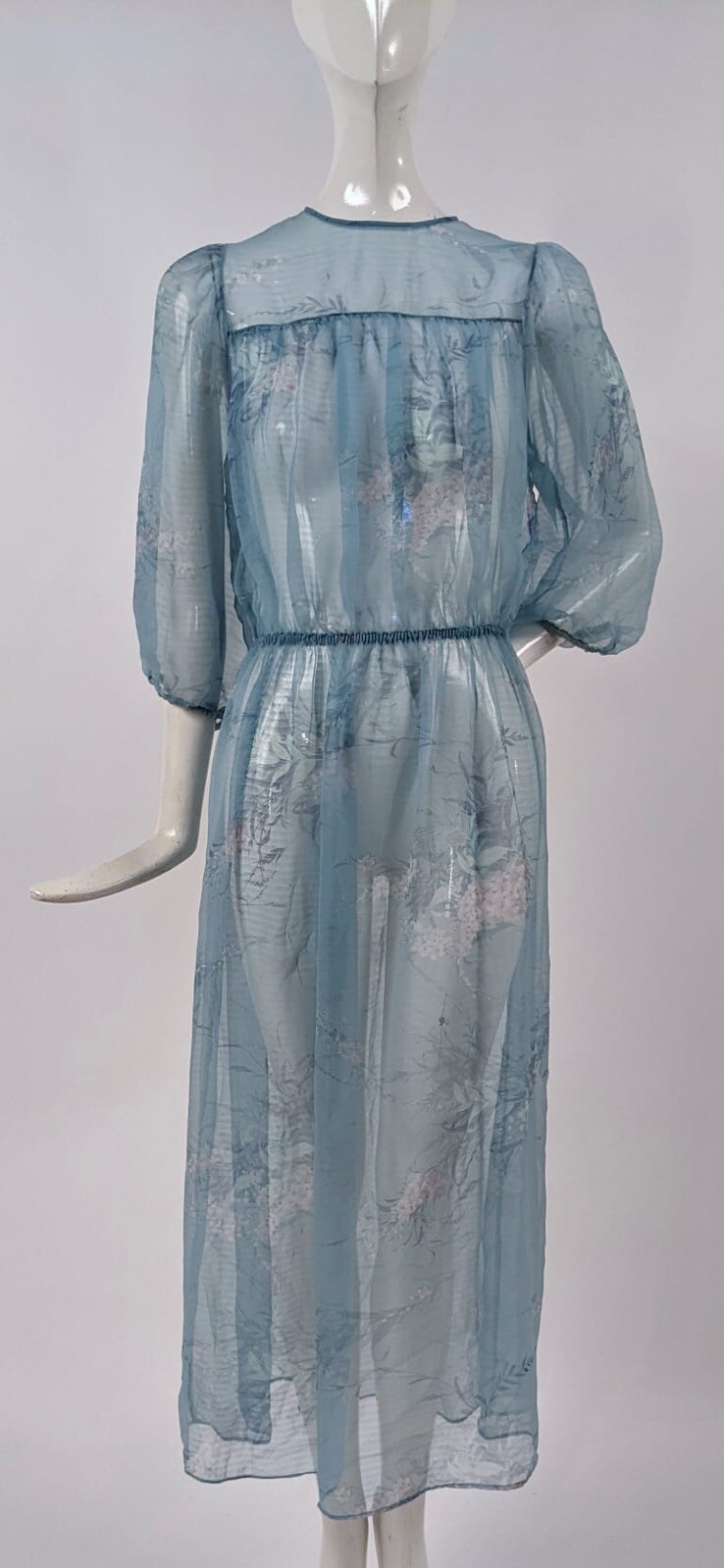 VINTAGE 1970’S SHEER FLORAL FILMY POLY CHIFFON DRESS W PUFF SLEEVES