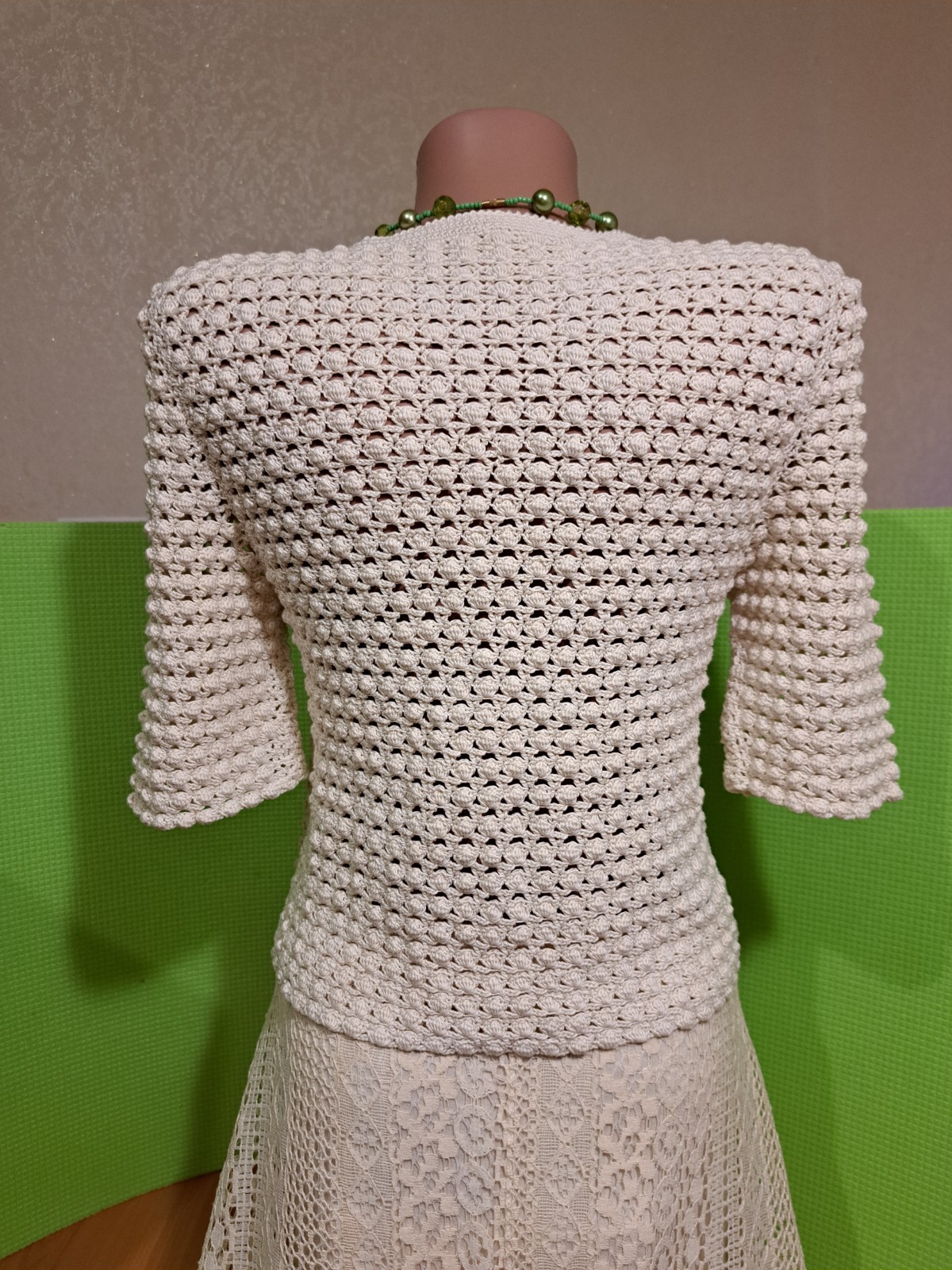 Vintage 80s 90s Handmade Crochet Cardigan Ivory MOP Buttons Ukrainian Handcraft