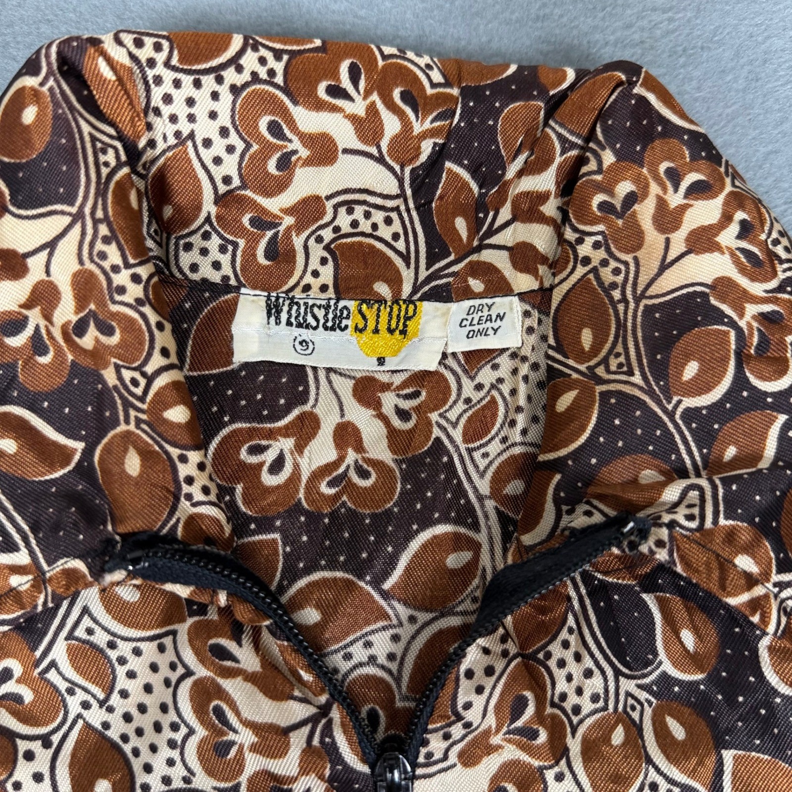 Vintage 70s Whistle Stop Shirt Dress Zip Front Leaf Print Brown Boho S/M
