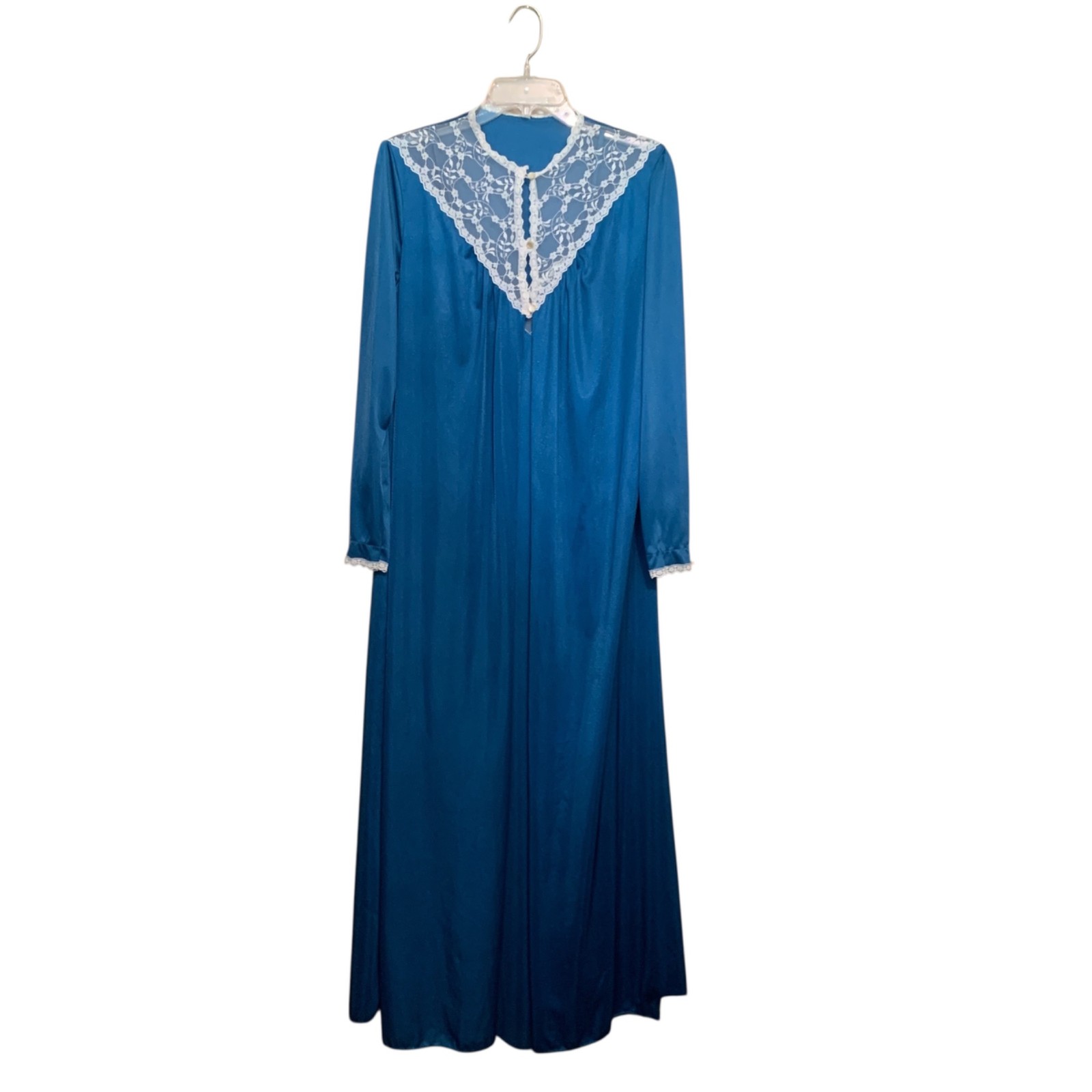 Vintage Stardust Long Teal Nightgown & Robe Set Lace Trim Modest 100% Nylon Sz M