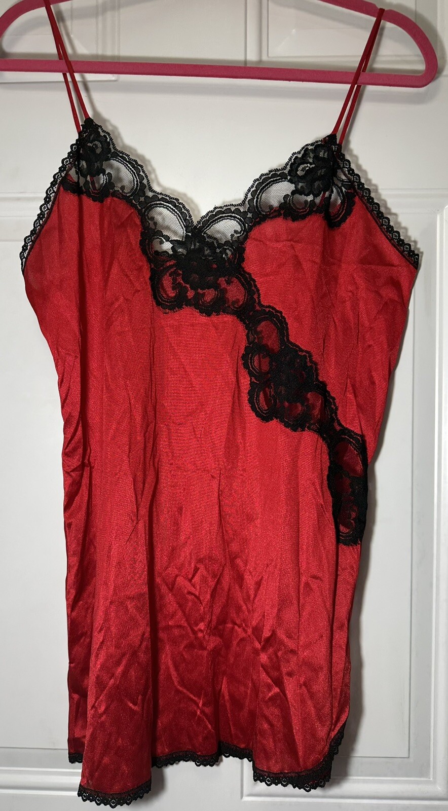 VTG Private Treasure AVON Night Gown & Robe Red Black Silky Lace Lingerie Size M
