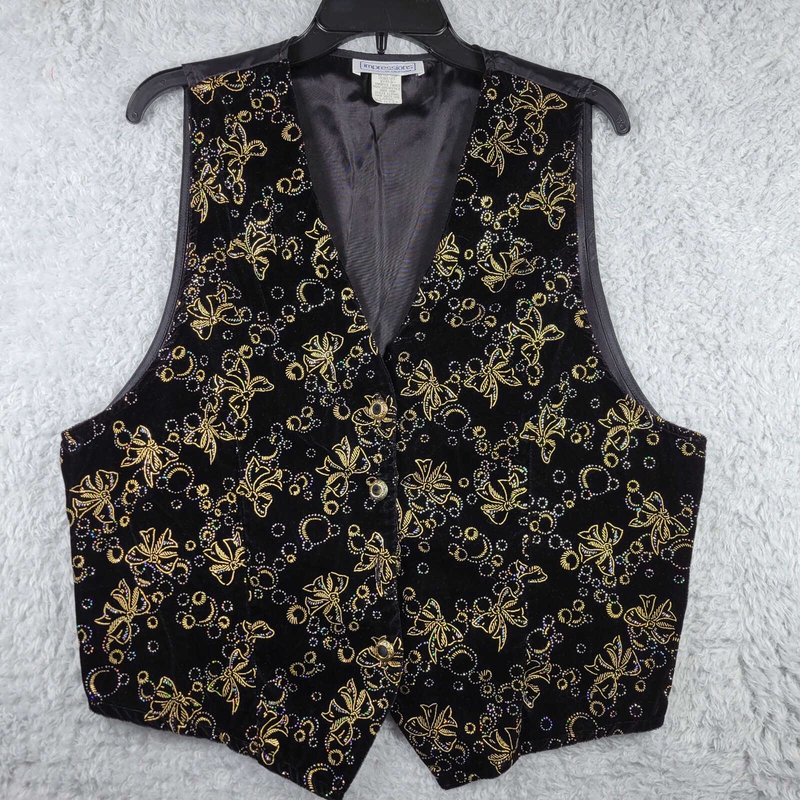 Impressions Of California Vest Womens Large Black Glitter Bows Button Front VTG