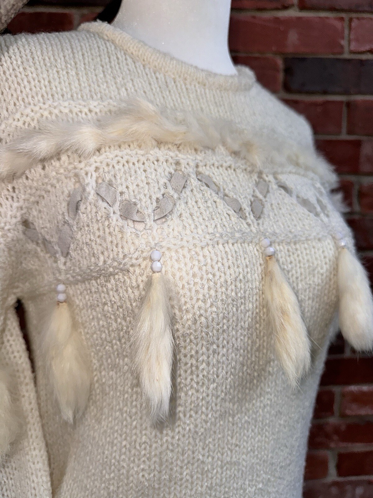 Vintage 1970s-80s Ivory Sweater With Leather Trim & Rabbit Fur Tassels Size XS-S