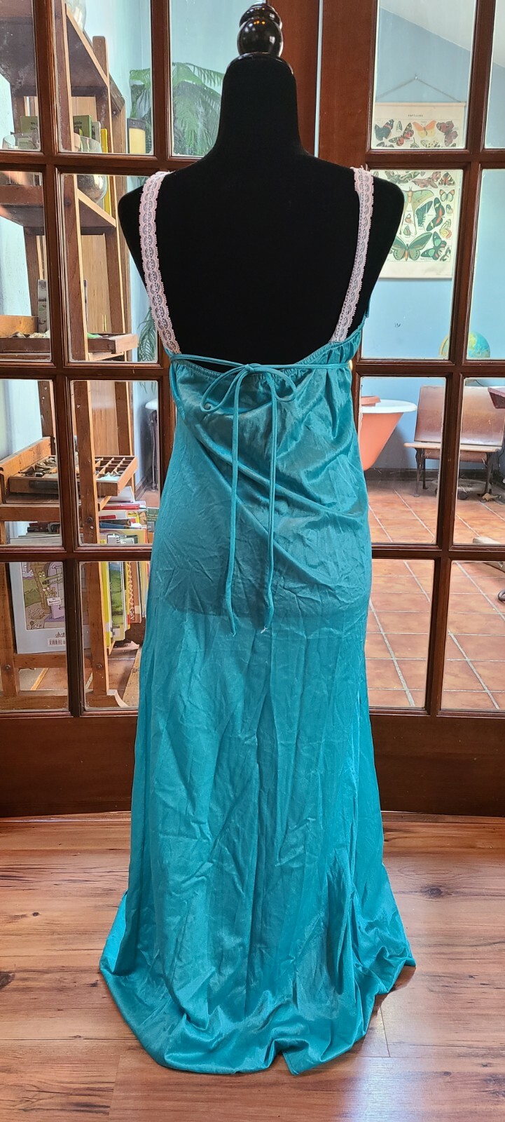 Vtg Sexy Nightgown Full Length Aqua Blue Nylon Lace Ribbon Straps Goddess Sz S