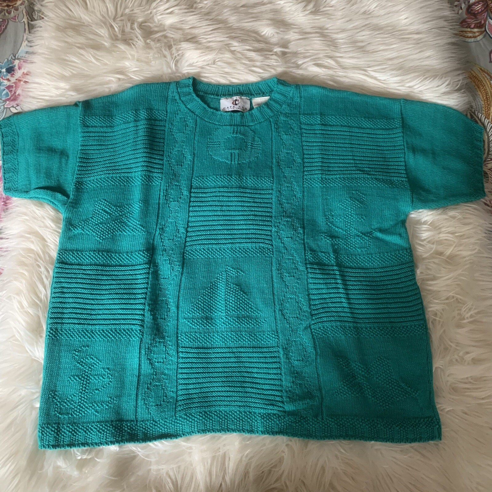 VTG 80s 90s Cape Cod Sportswear Nautical Short Sleeve Sweater Coastal Teal Green