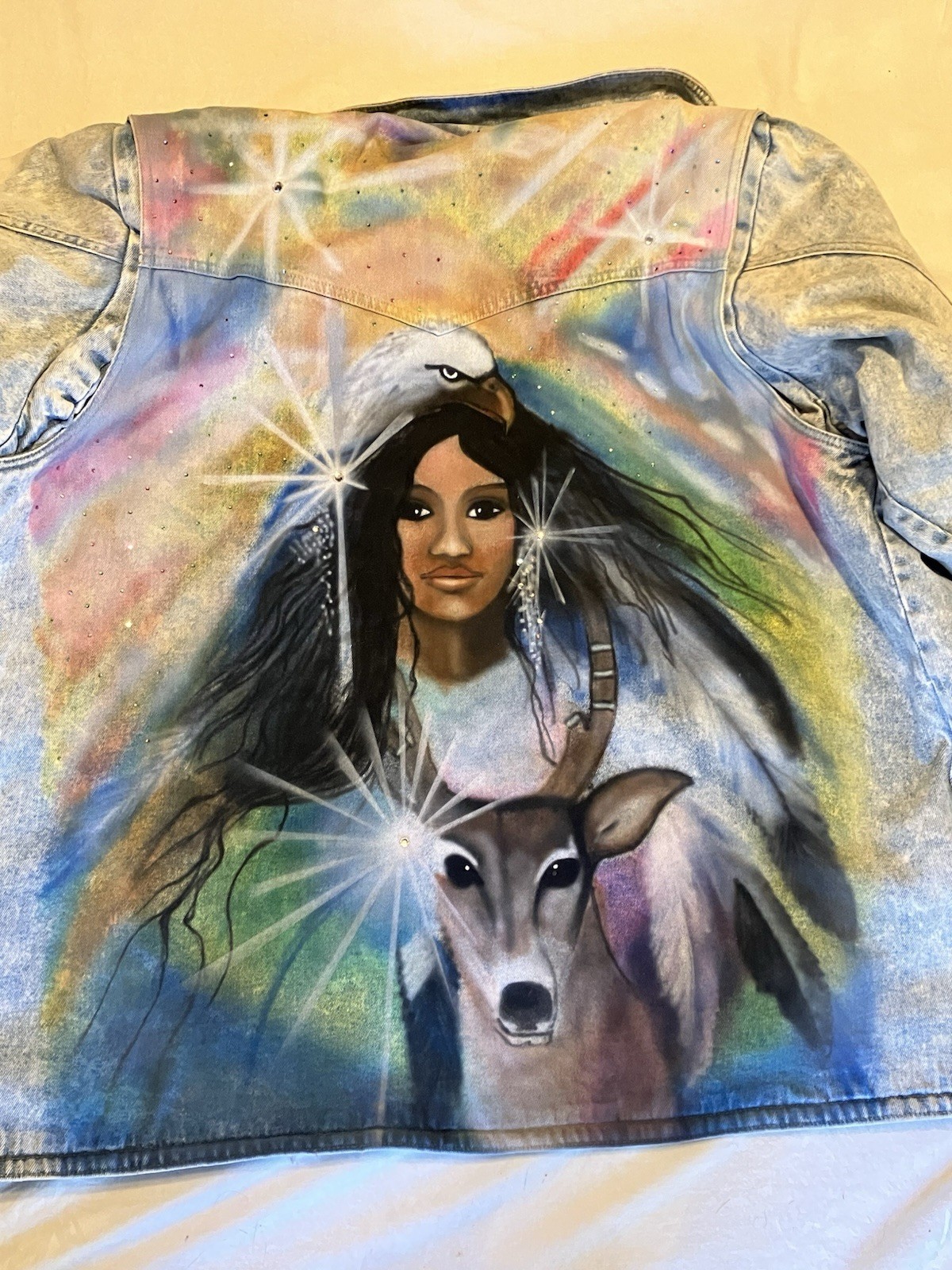 Ryan Scott Denim Jean Acid Wash Jacket Airbrushed Indian Maiden Deer Eagle Vtg