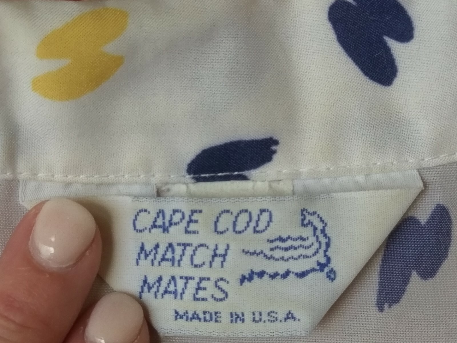 Vintage 80s Cape Cod Match Mates Shirt Navy Blue Yellow Short Sleeve Button Down