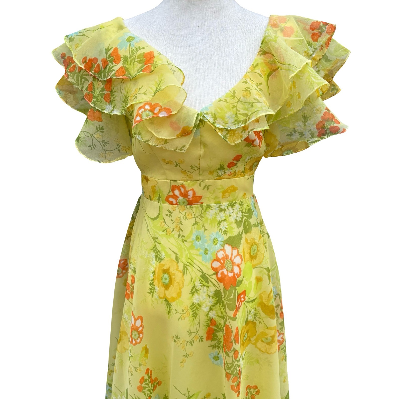 Vintage 70s Butter Yellow Floral Cottagecore Chiffon Ruffle Tiered Maxi Dress XS