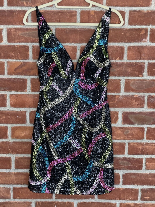 Scala Y2K 8 sequin silk padded bust low back mini dress dance prom party dress