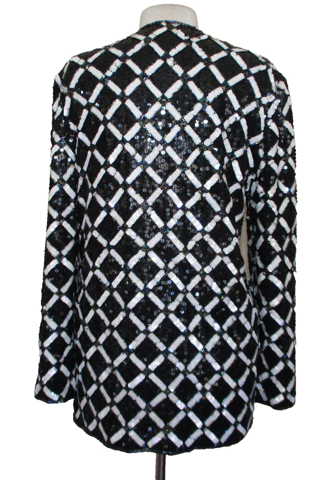 Vintage Joan Leslie Evenings Women’s Silk Sequin Jacket Black White Diamond M