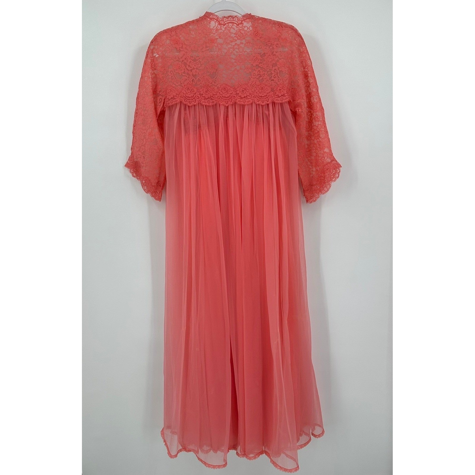 Vintage Womens Coral Lace Sheer Maxi Nightgown Robe Set Romantic Peignoir Size L