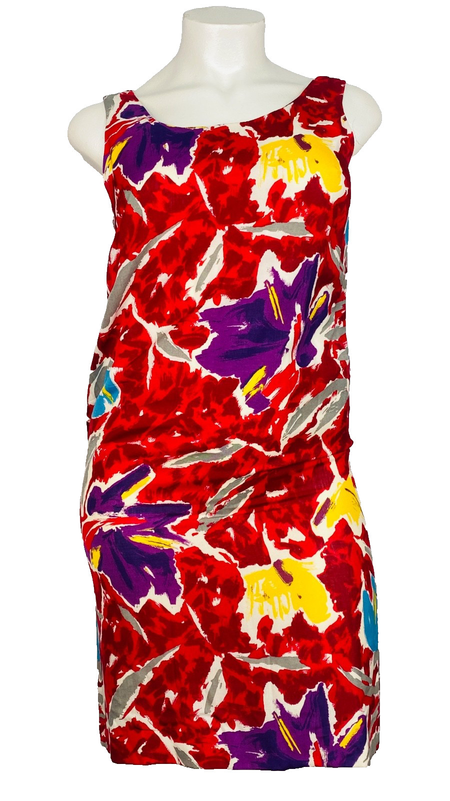 Vintage 1970s colorful floral dress L sleeveless red abstract shift sundress