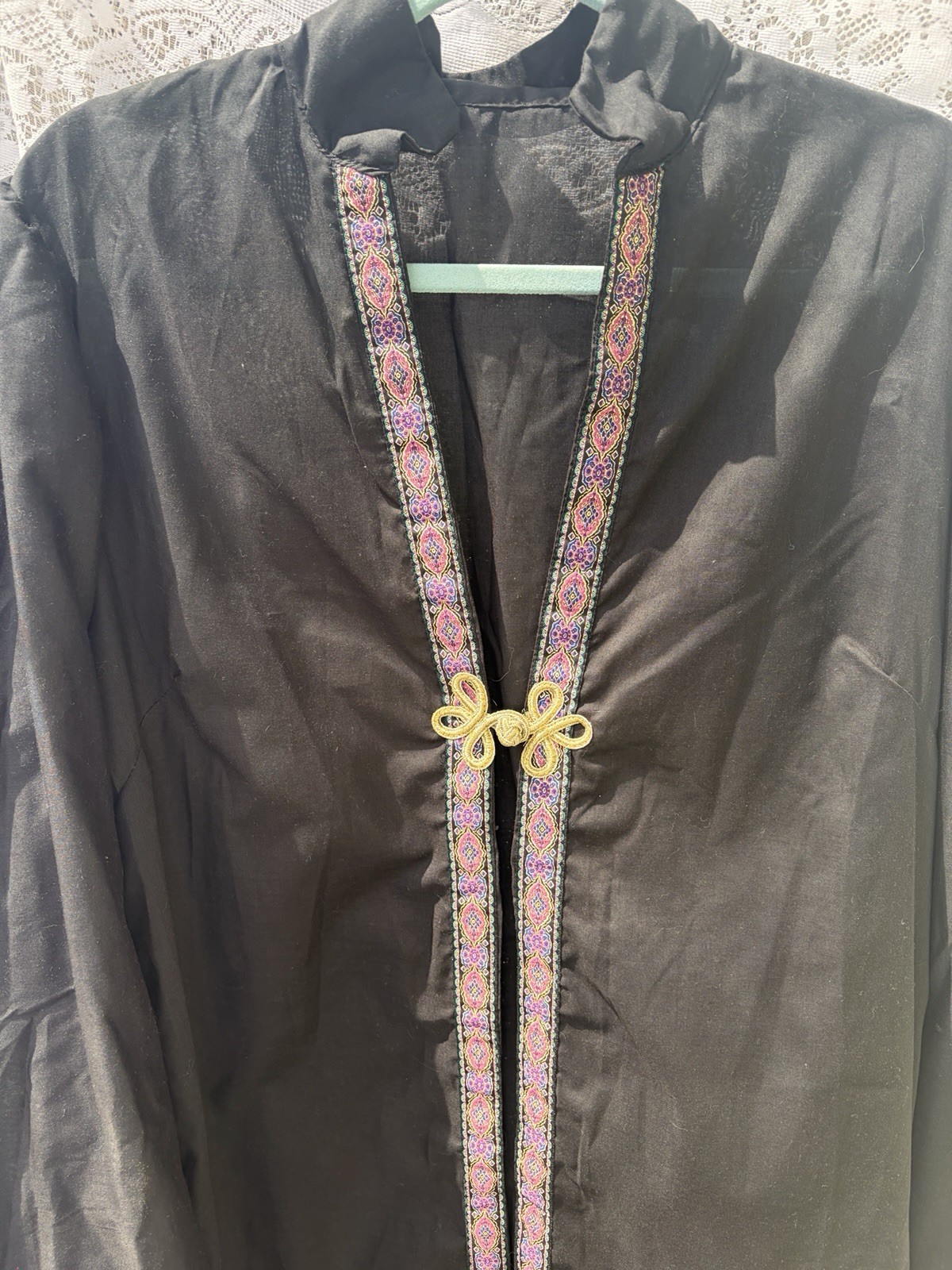 Vintage 70s Black Cotton Maxi Robe Jacket Boho Asian Style Trim Womens M