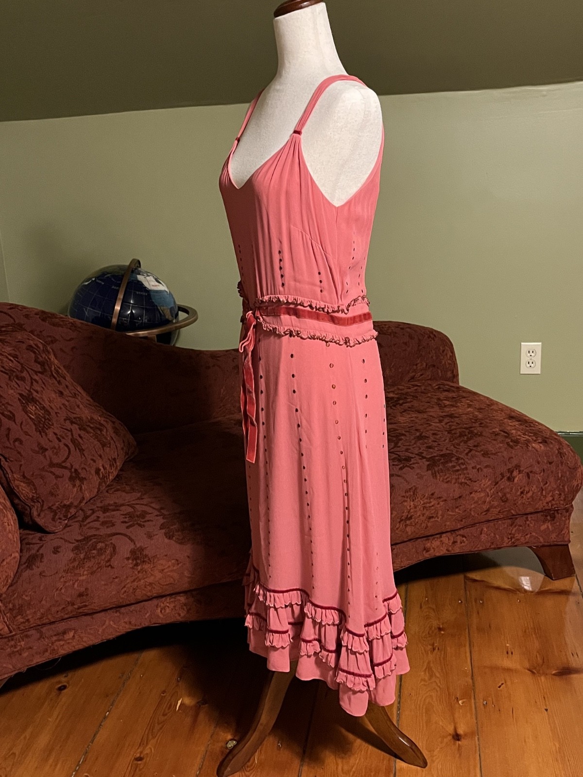 Vintage Anthropologie Lithe Dress- Size 4- Pink Ruffle- Red Velvet & Silk Lining