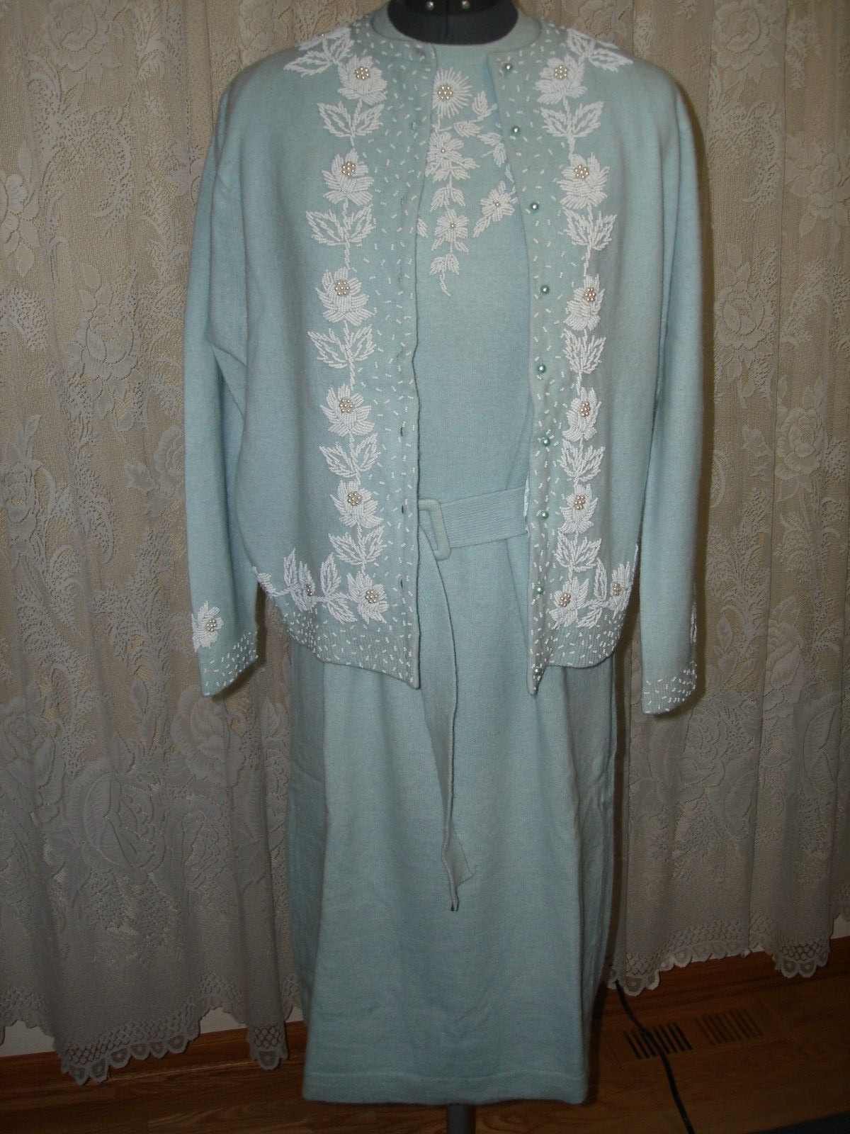 Vtg 50s Prince Beautiful Unique Set Dress Sweater Ice Baby Blue White Beaded M