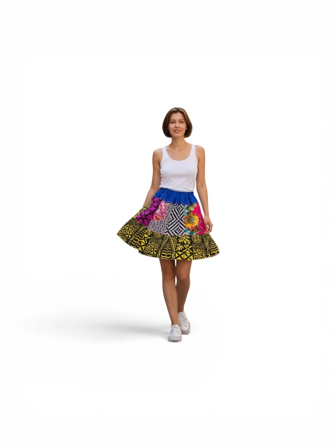 Vintage Patchwork Floral Geometric Boho Skirt Women’s Multi-Color Elastic Waist