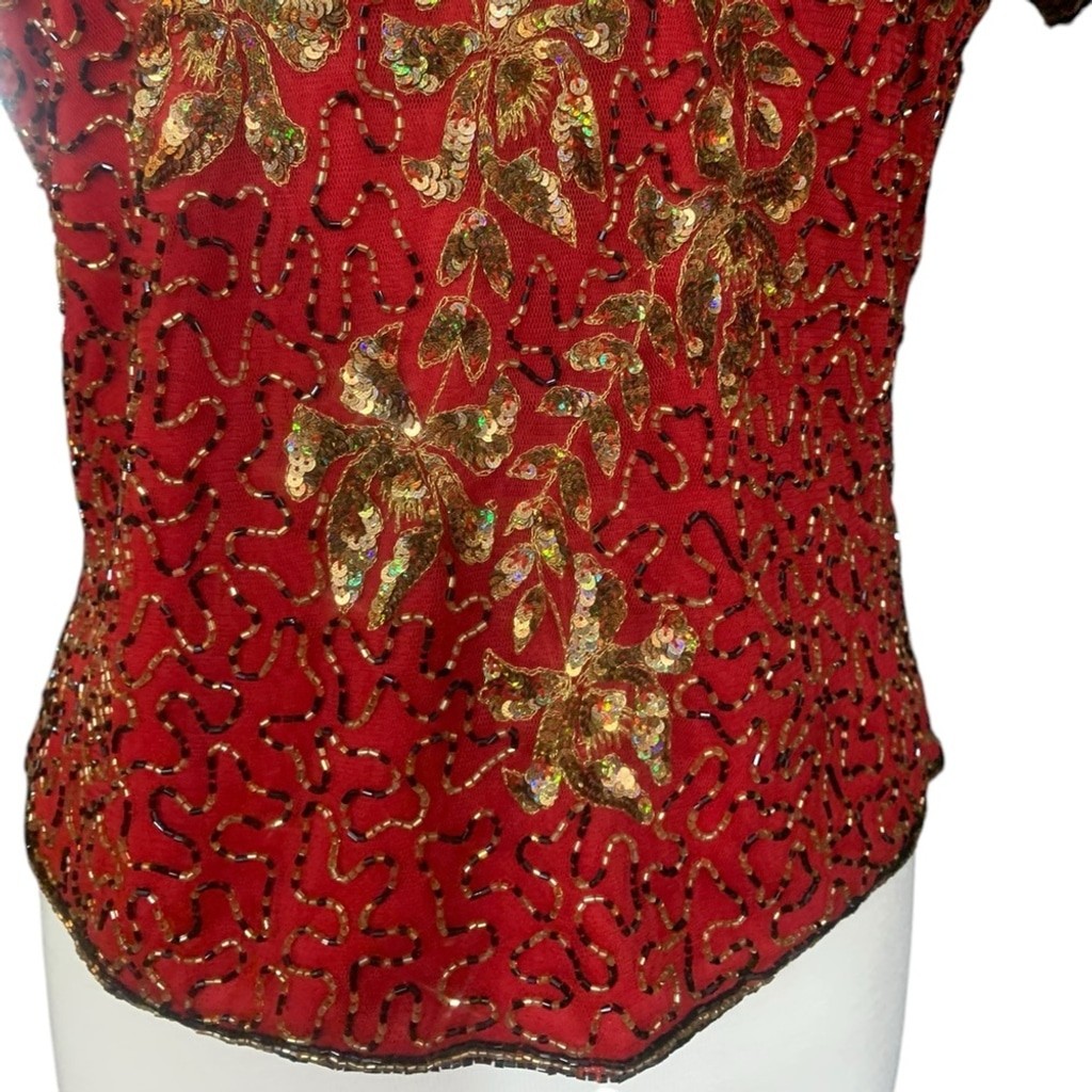 Vntg 90’s Marina red, gold and black beaded high neck short sleeved top sz small