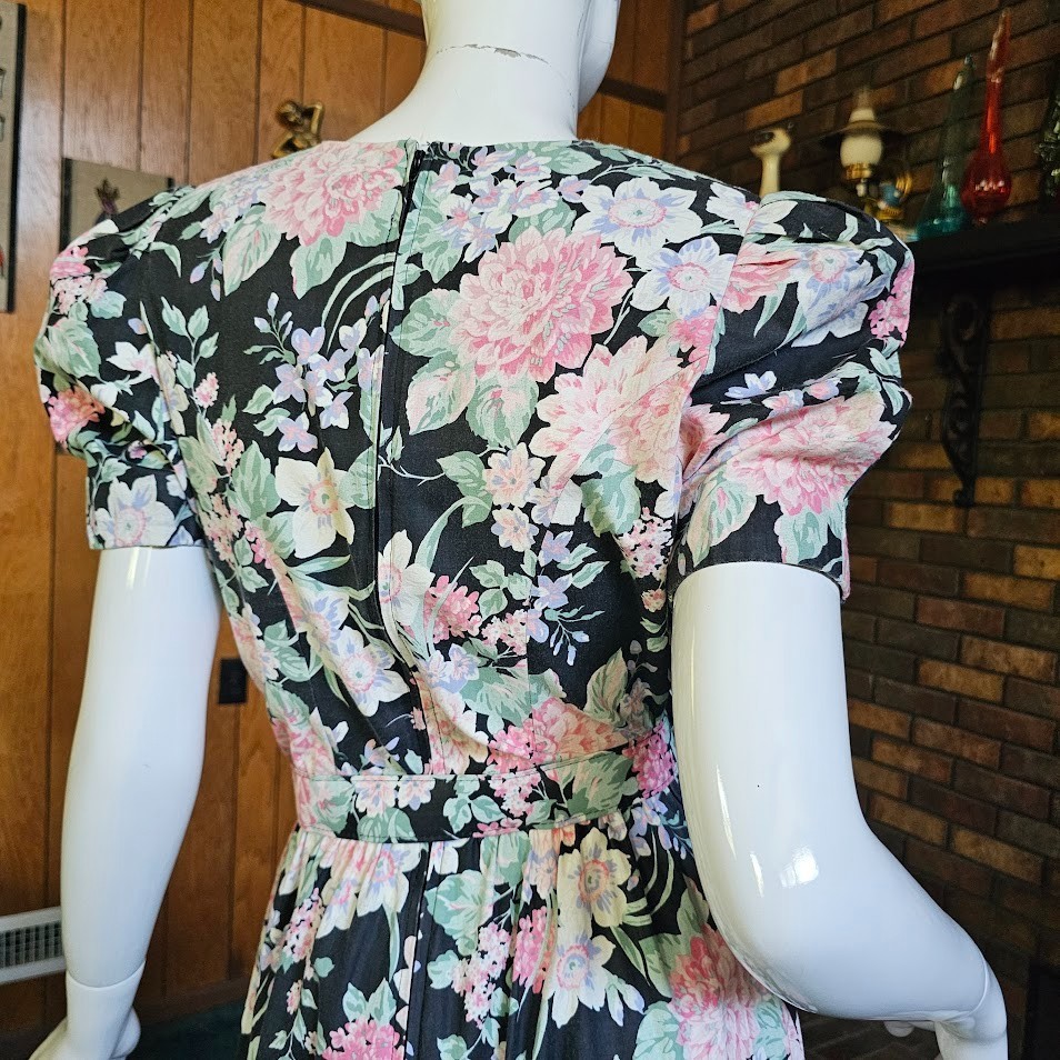 Vtg 80s Huge Puff Romantic Granny Floral Belted Shirtwaist Pockets Tea Dress M