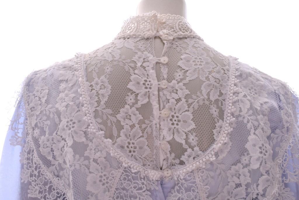Vintage Jessica McClintock Midi dropped waist Pale Blue dress high Lace Neck 8