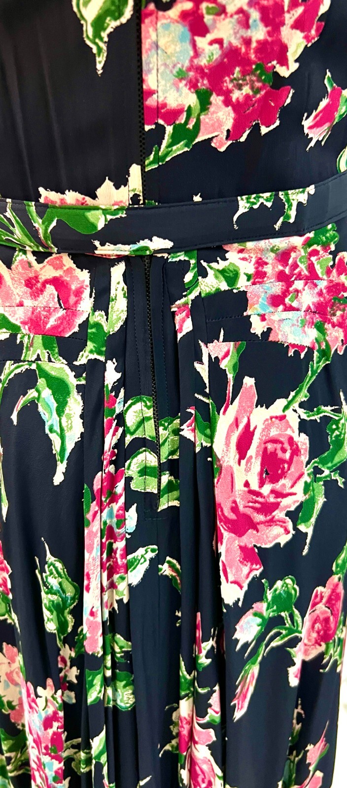 Famous Frocks VTG 1940s WW2 Black Rayon Floral Dress Pink Green Print Swing M