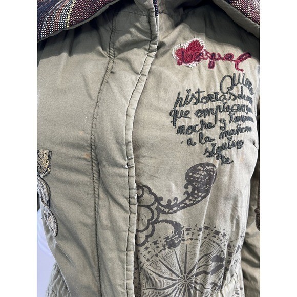 Desigual Vintage Y2K Olive Green Boho Graphic Parka Jacket 38
