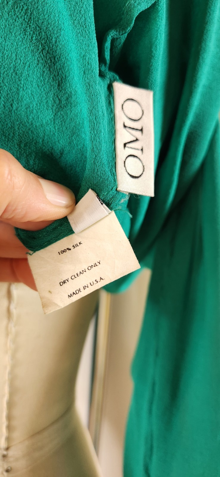 VTG 80s OMO Norma Kamali Green SILK Blouse Top Long Sleeves Sheer Oversized L